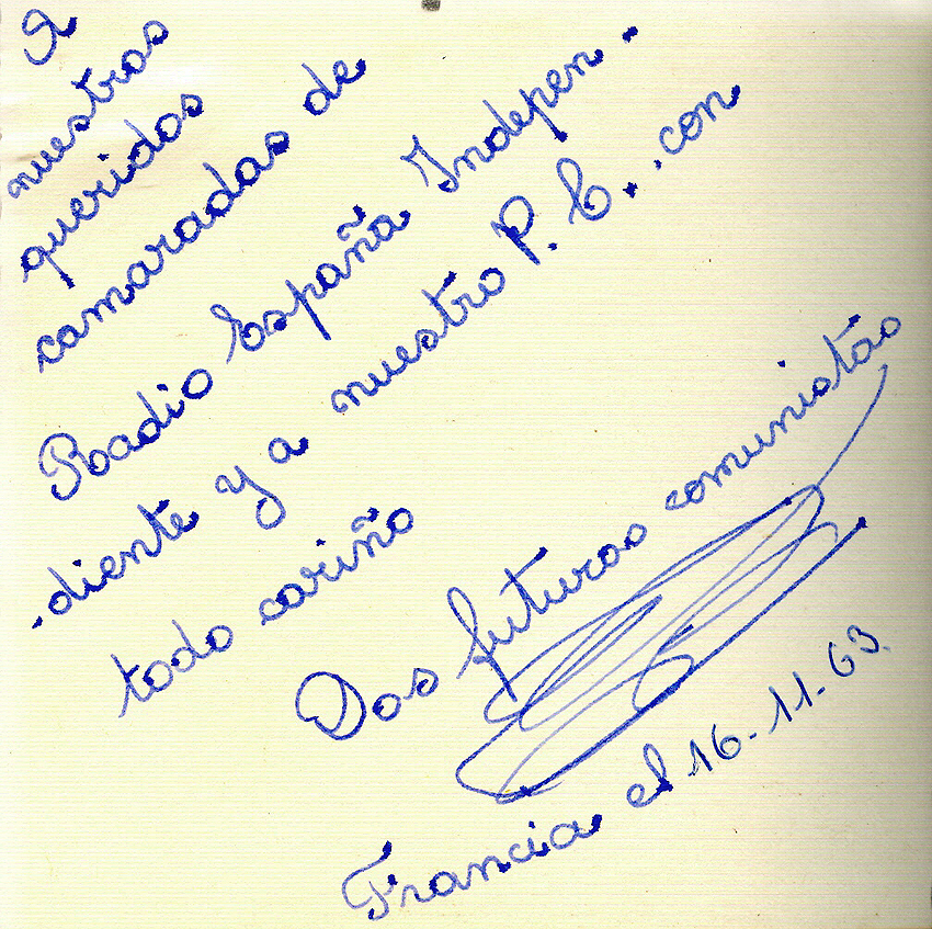Dedicatoria de la fotografía  del Correo de la Pirenaica firmada por “Dos futuros comunistas”. Francia 16/11/1963.